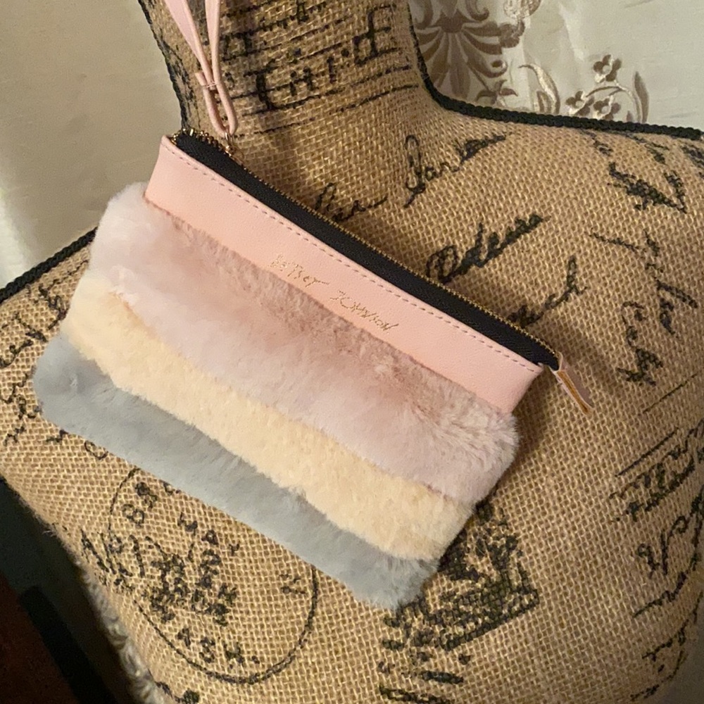 Betsy Johnson furry pastel wristlet bag metallic